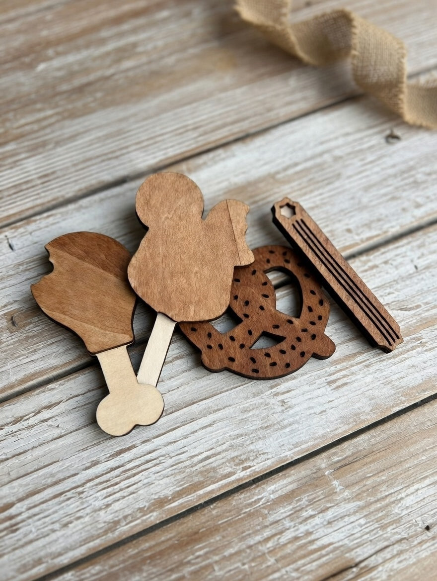 Laser Cut Theme Park Snack Magnets (Set of 4) – Magical Ride & Food Fridge Magnets for Disney & Park Fans