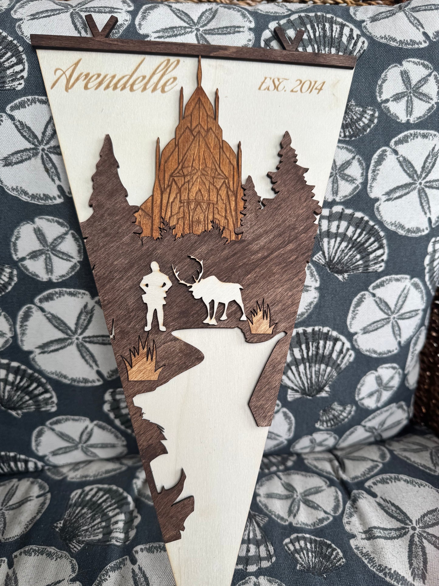 Arendelle Inspired Wood Pennant Flag | Frozen Themed Wall Decor | Layered Wooden Banner for Winter Bedroom & Fantasy Room Decor