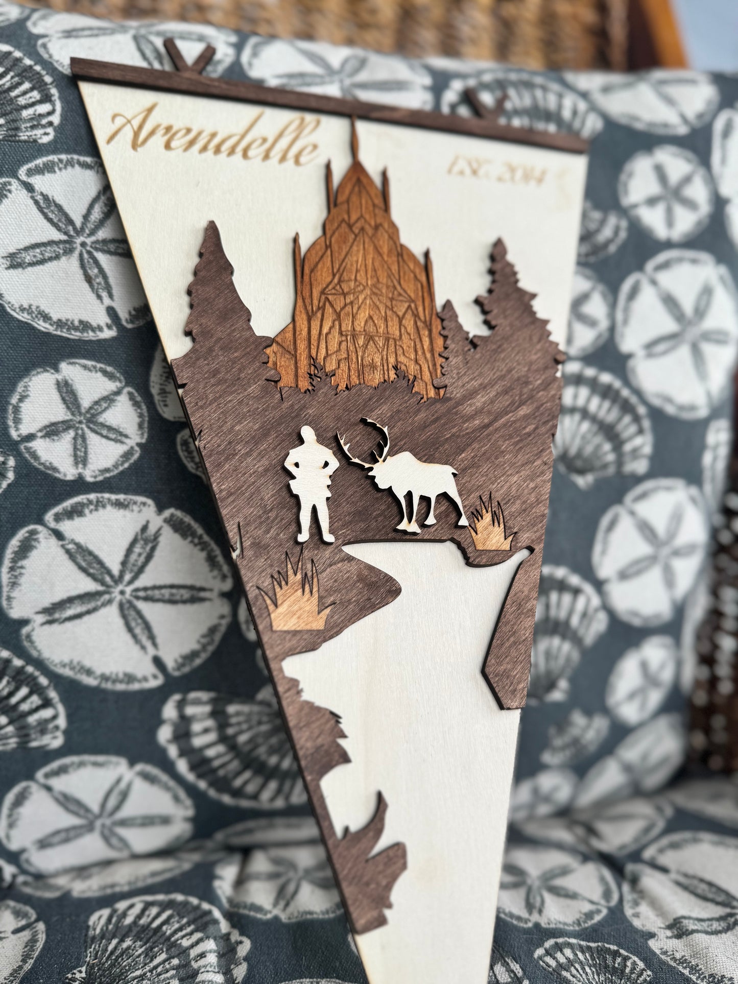 Arendelle Inspired Wood Pennant Flag | Frozen Themed Wall Decor | Layered Wooden Banner for Winter Bedroom & Fantasy Room Decor