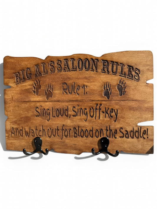 Country Bears Big Al Saloon Rules Engraved Wood Sign with Hooks – Cabin & Western Decor