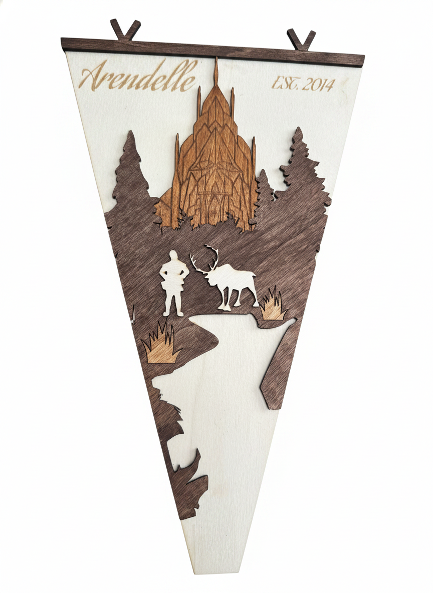 Arendelle Inspired Wood Pennant Flag | Frozen Themed Wall Decor | Layered Wooden Banner for Winter Bedroom & Fantasy Room Decor
