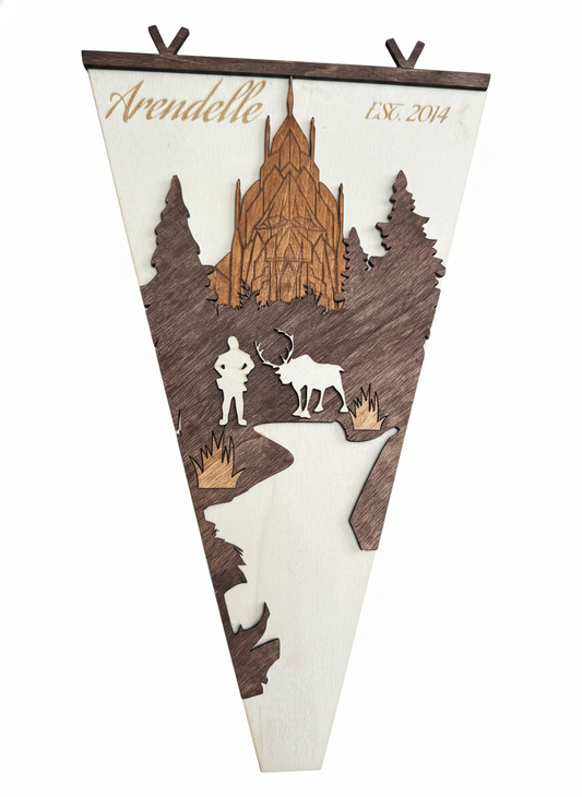 Arendelle Inspired Wood Pennant Flag | Frozen Themed Wall Decor | Layered Wooden Banner for Winter Bedroom & Fantasy Room Decor
