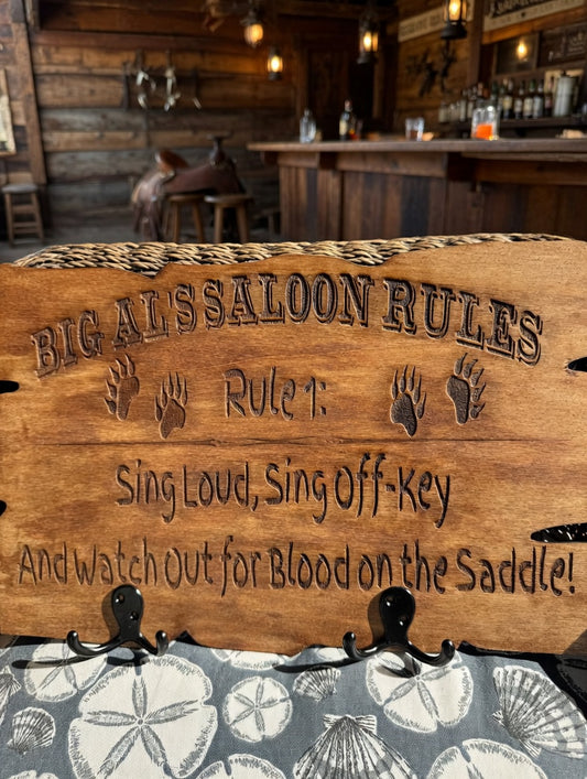 Country Bears Big Al Saloon Rules Engraved Wood Sign with Hooks – Cabin & Western Decor